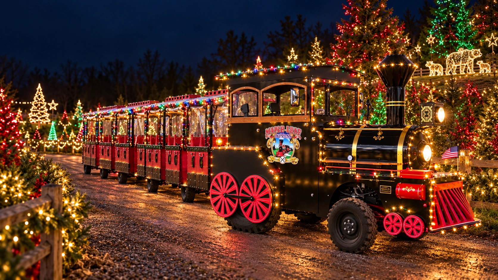Concept artwork of the real Maple Leaf Express surrounded by Christmas lights